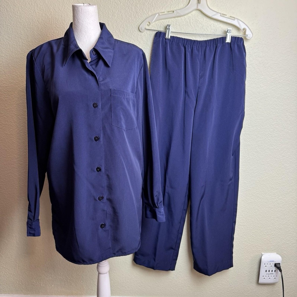 VTG 90s Basic Editions Blue Matching Pant Set 2 Pc Shacket‎ Trouser Blouse 10 8